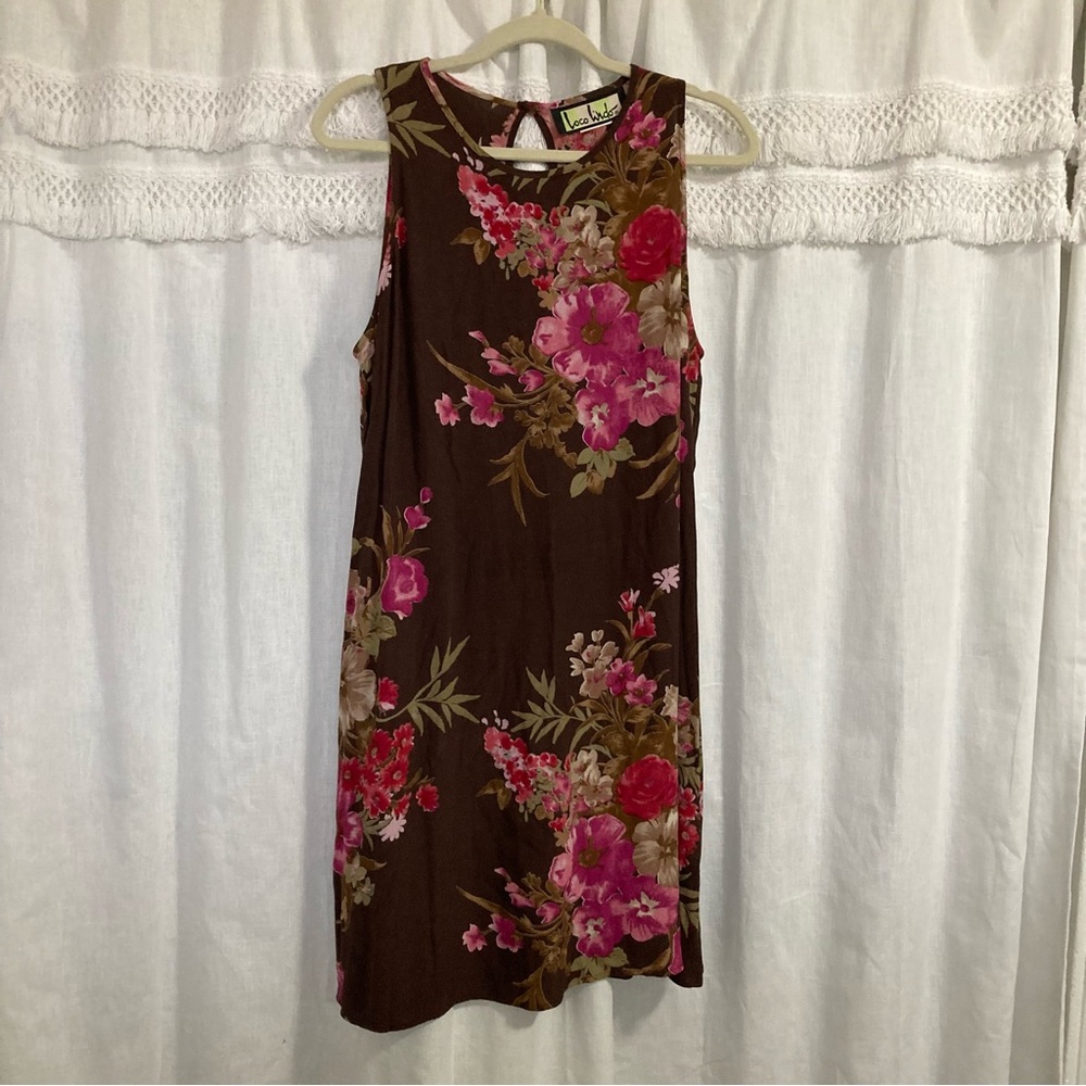 Vintage Loco Lindo floral sleeveless garden cocktail dress size L made in USA